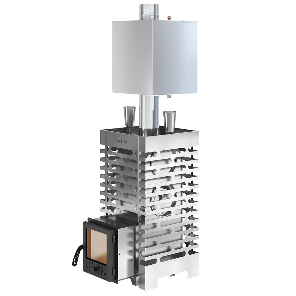 Печь для бани ASTON 20 НЕРЖ. стекло с баком на трубе 50л Ø115 (AISI 439)